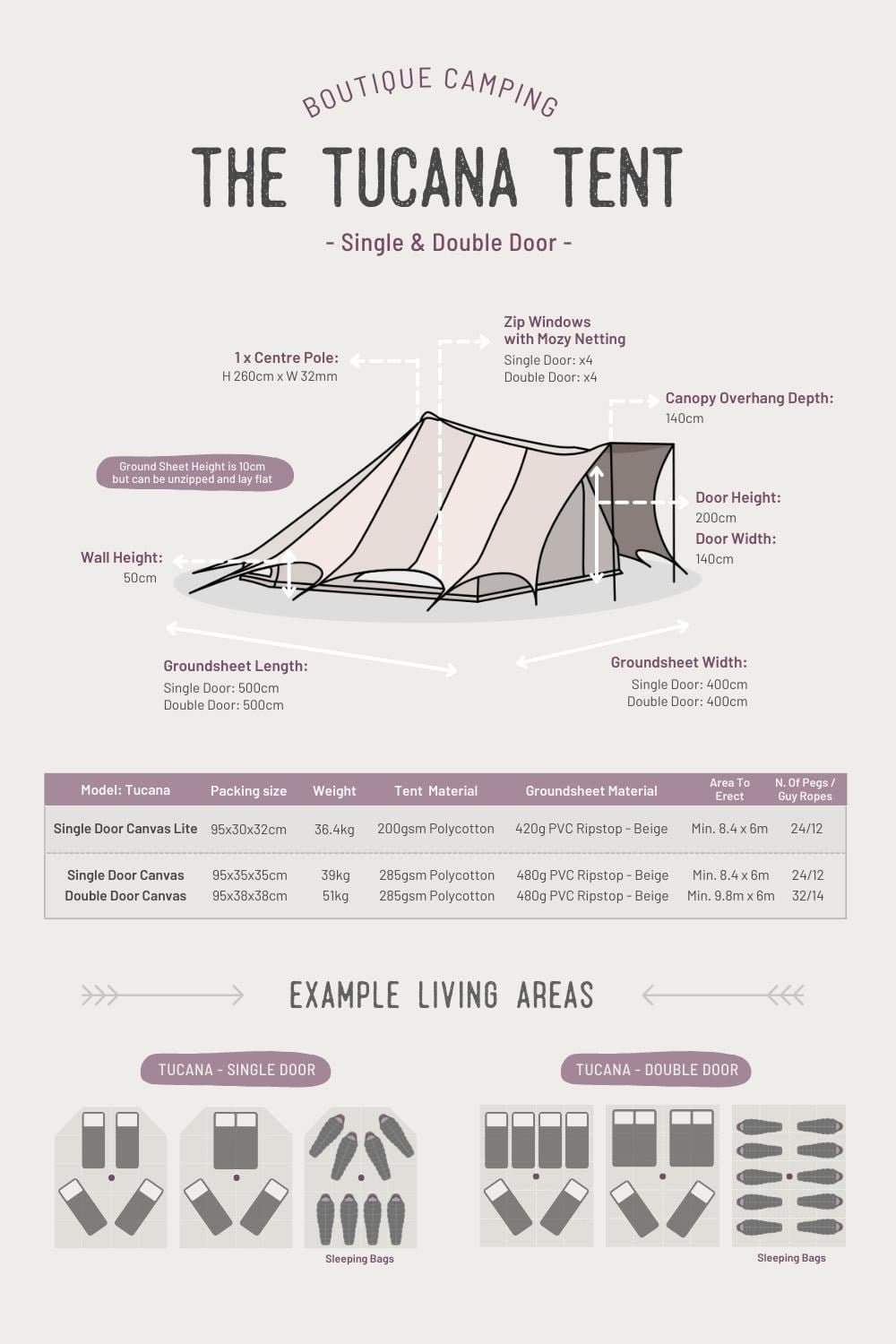 5x4m Tucana Tent Single Door Canvas Lite 200gsm