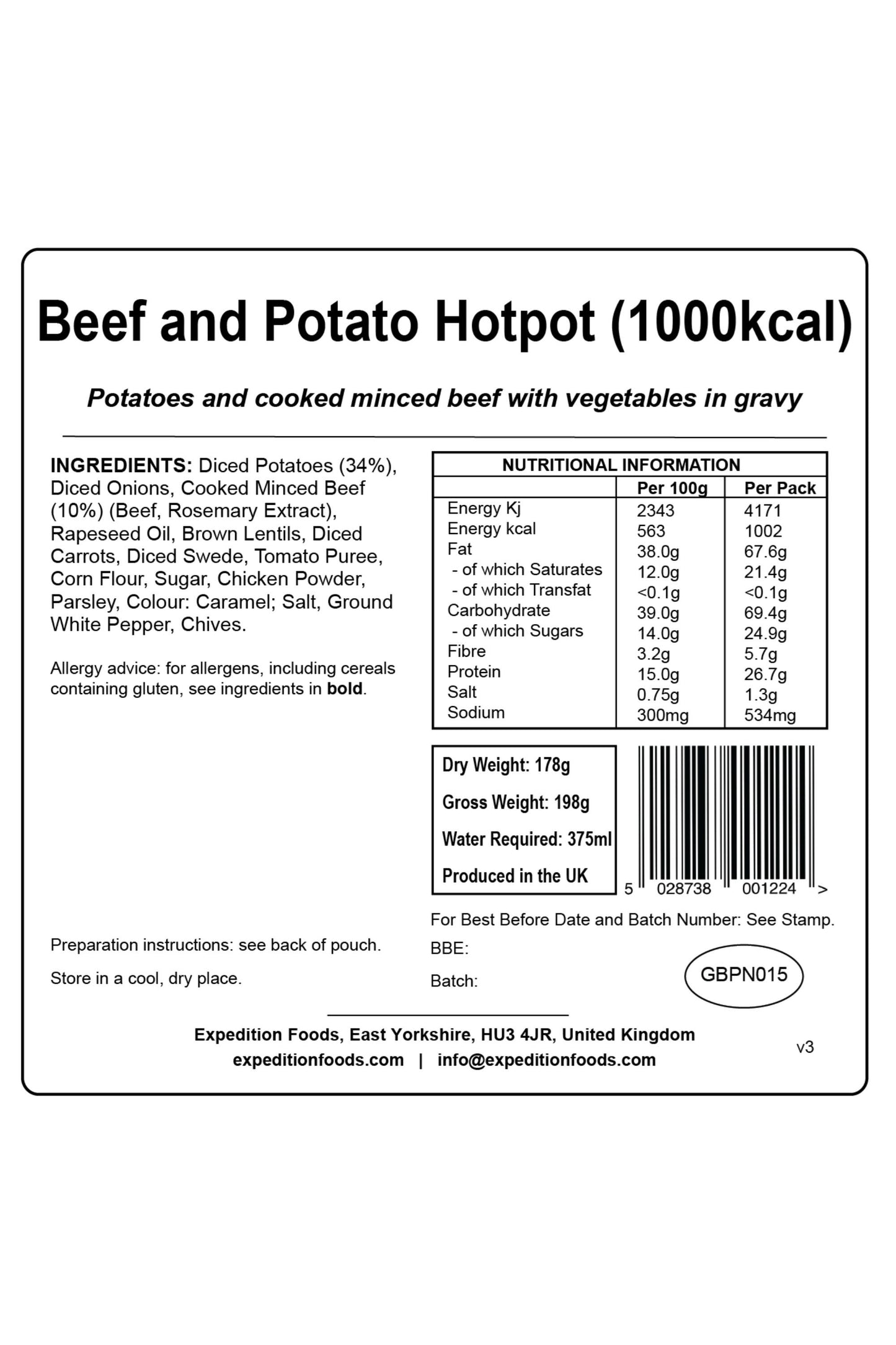 M68E83 Beef And Potato Hotpot Camping Food (1000kcal)