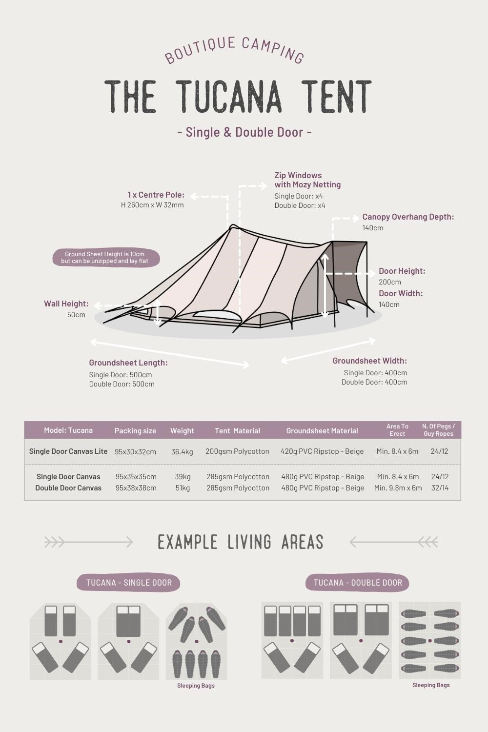 5x4m Tucana Tent Single Door Canvas 285gsm