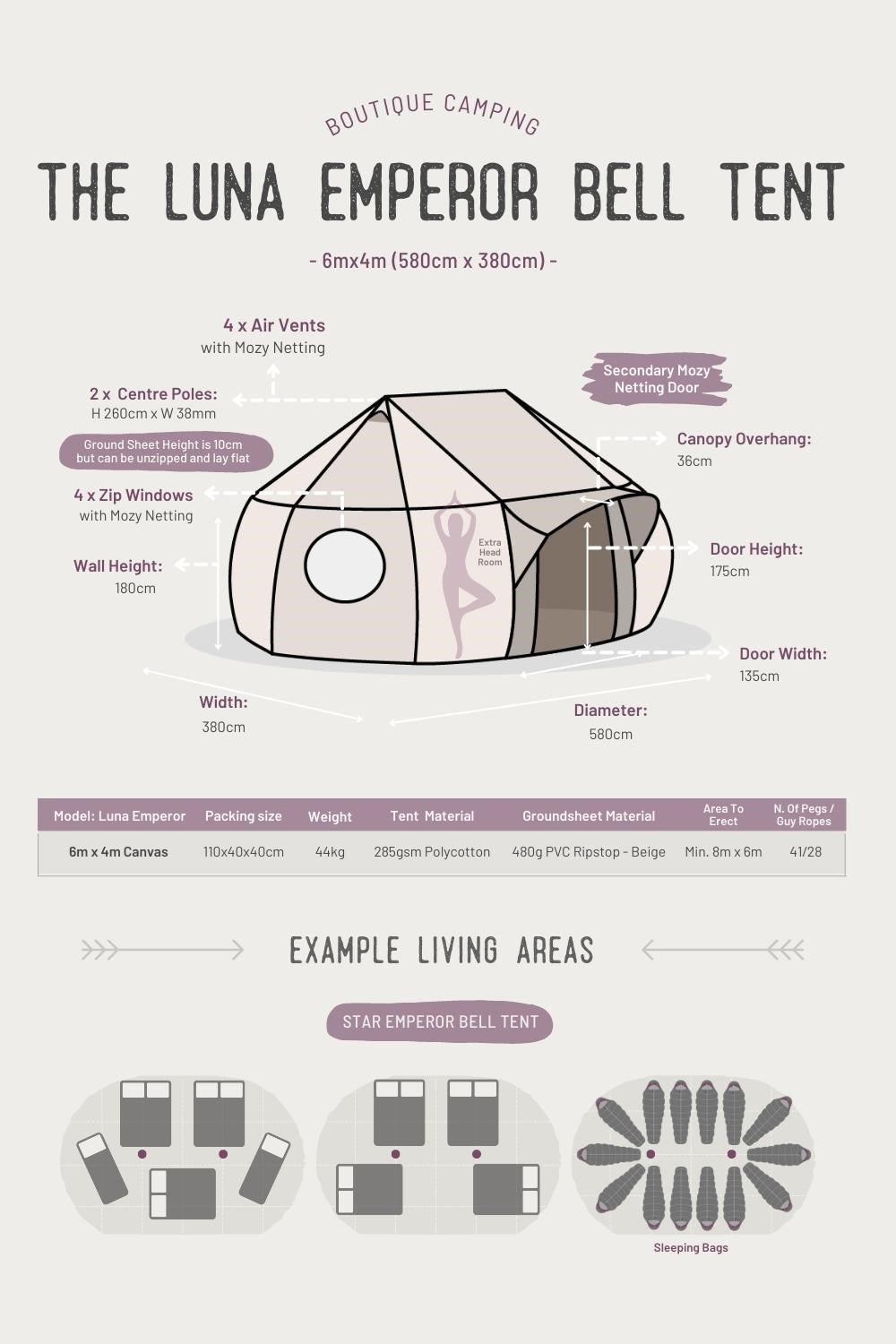 6x4m Luna Emperor Bell Tent Canvas 285gsm