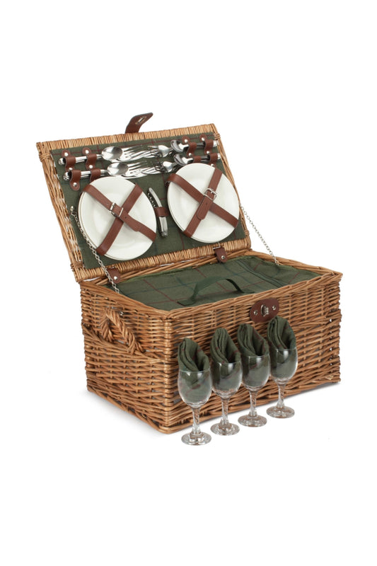  M377A0 Four Person Green Tweed Chest Wicker Picnic Basket