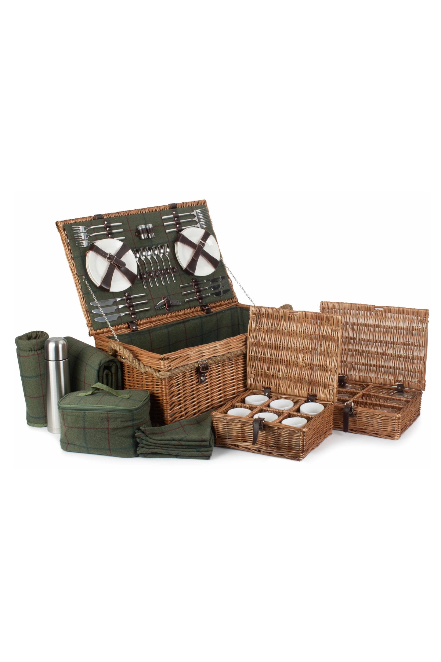  M4212A Rope Handled 6 Person Green Tweed Picnic Basket