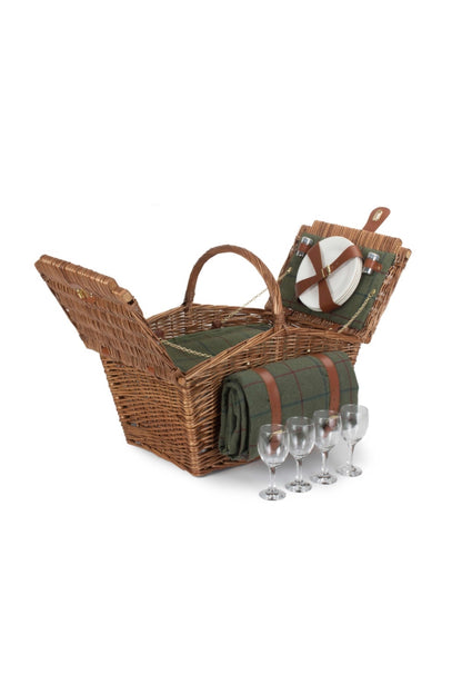  M5E524 Elegant 4 Person Green Tweed Fitted Picnic Basket