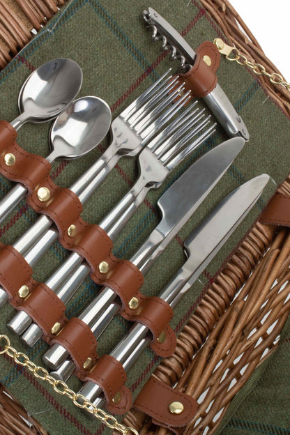  M5E524 Elegant 4 Person Green Tweed Fitted Picnic Basket