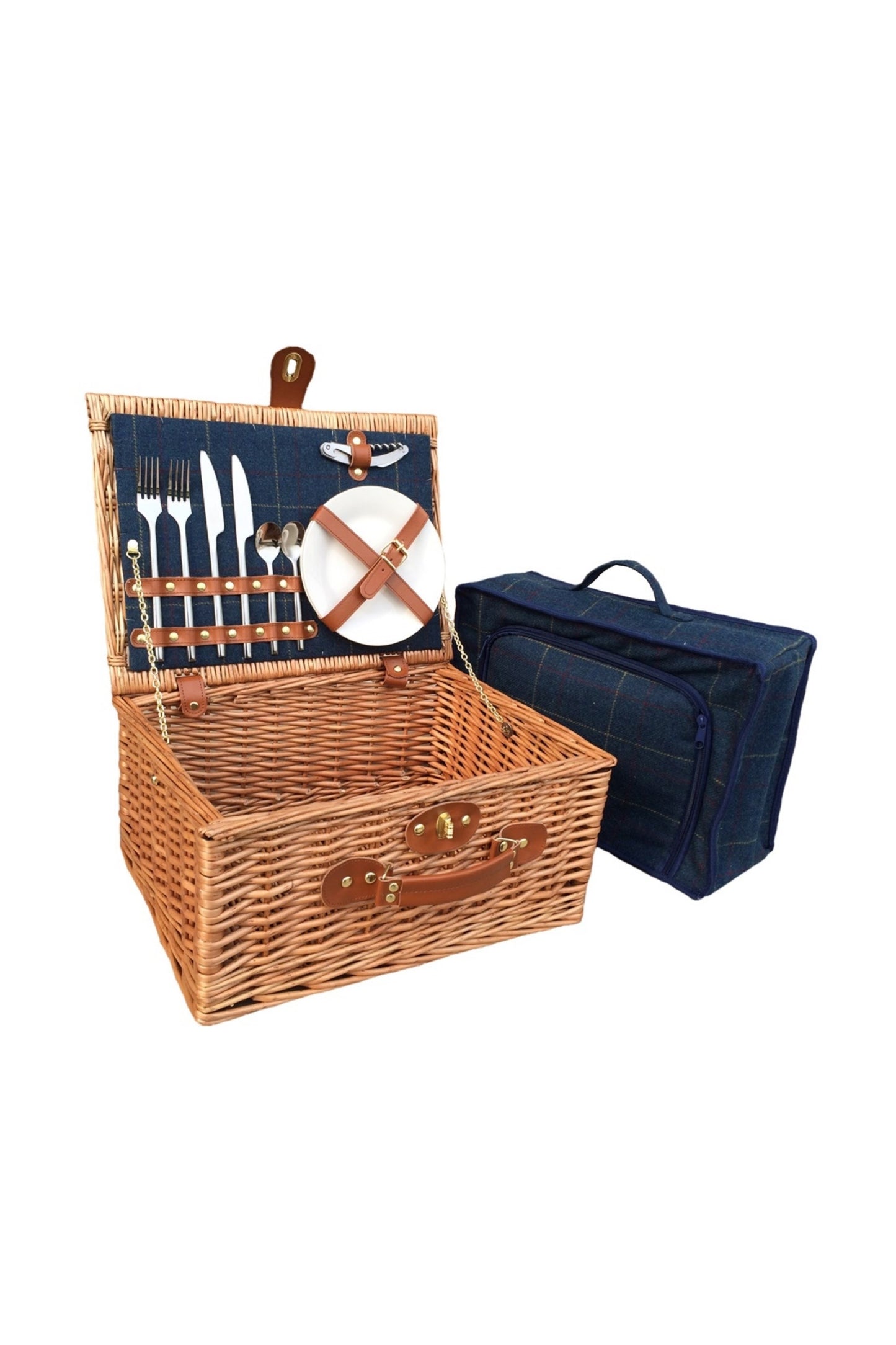  M91F93 Wicker 2 Person Blue Tweed Picnic Basket