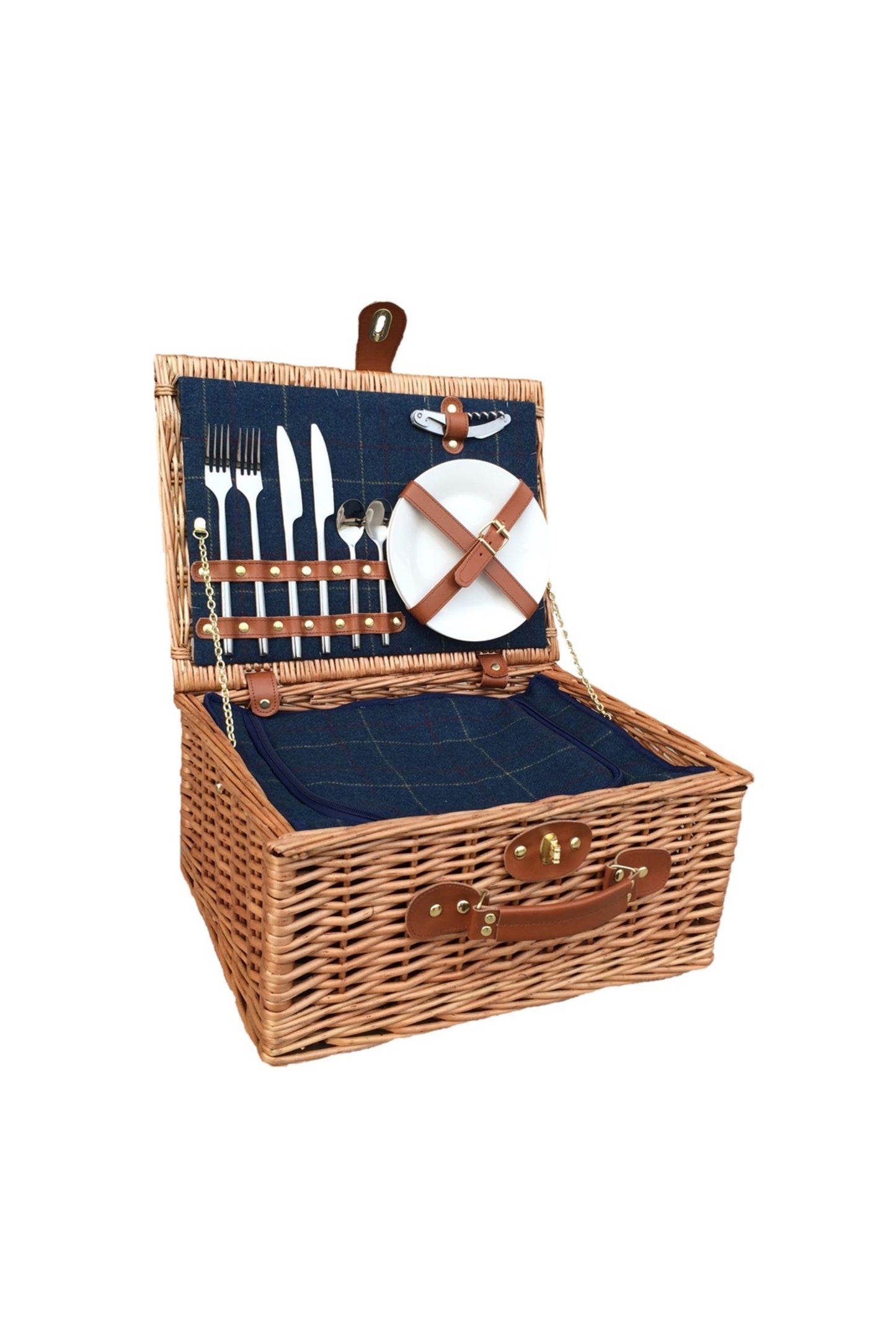  M91F93 Wicker 2 Person Blue Tweed Picnic Basket