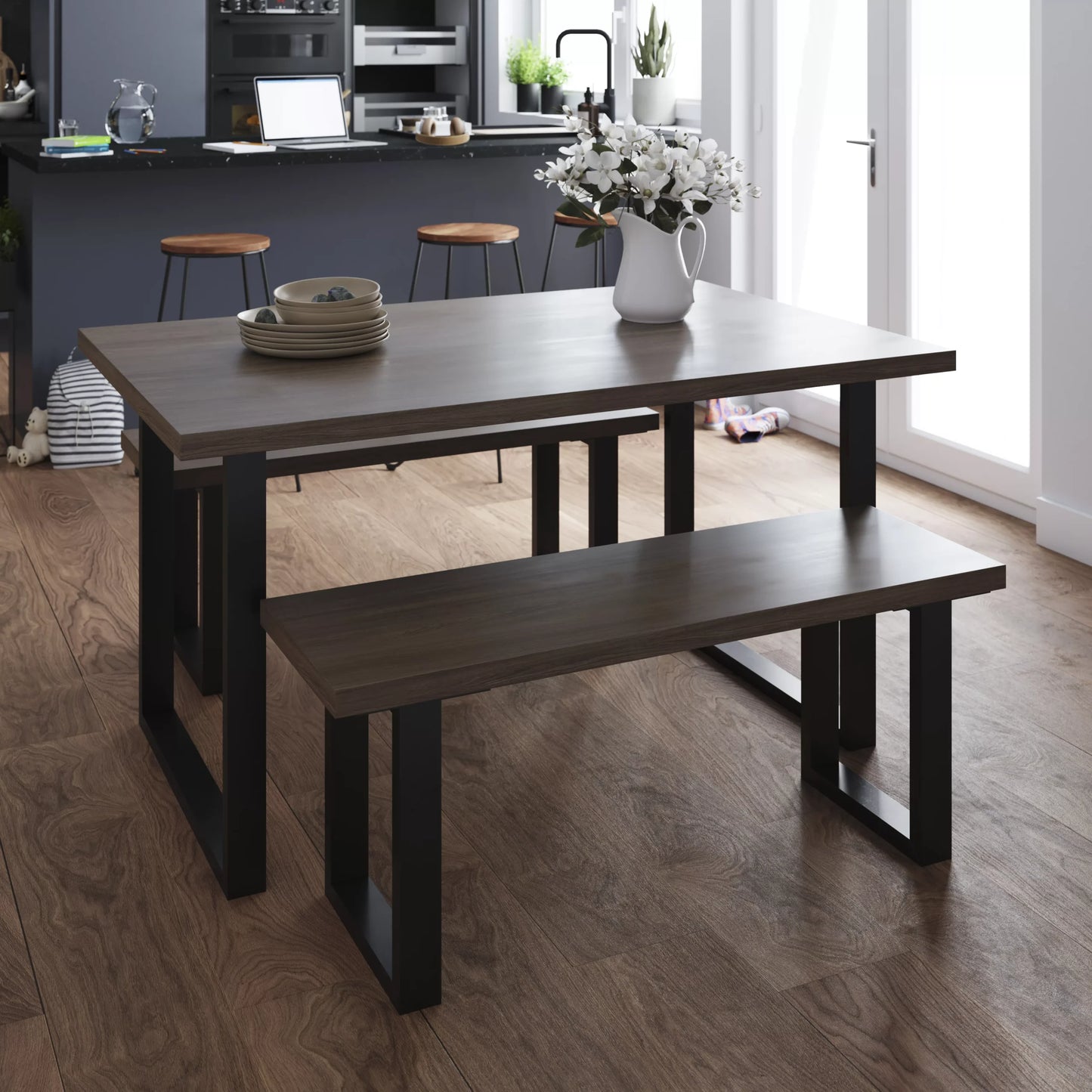 Matt Dark Oak Effect Bench, (W)112.4cm