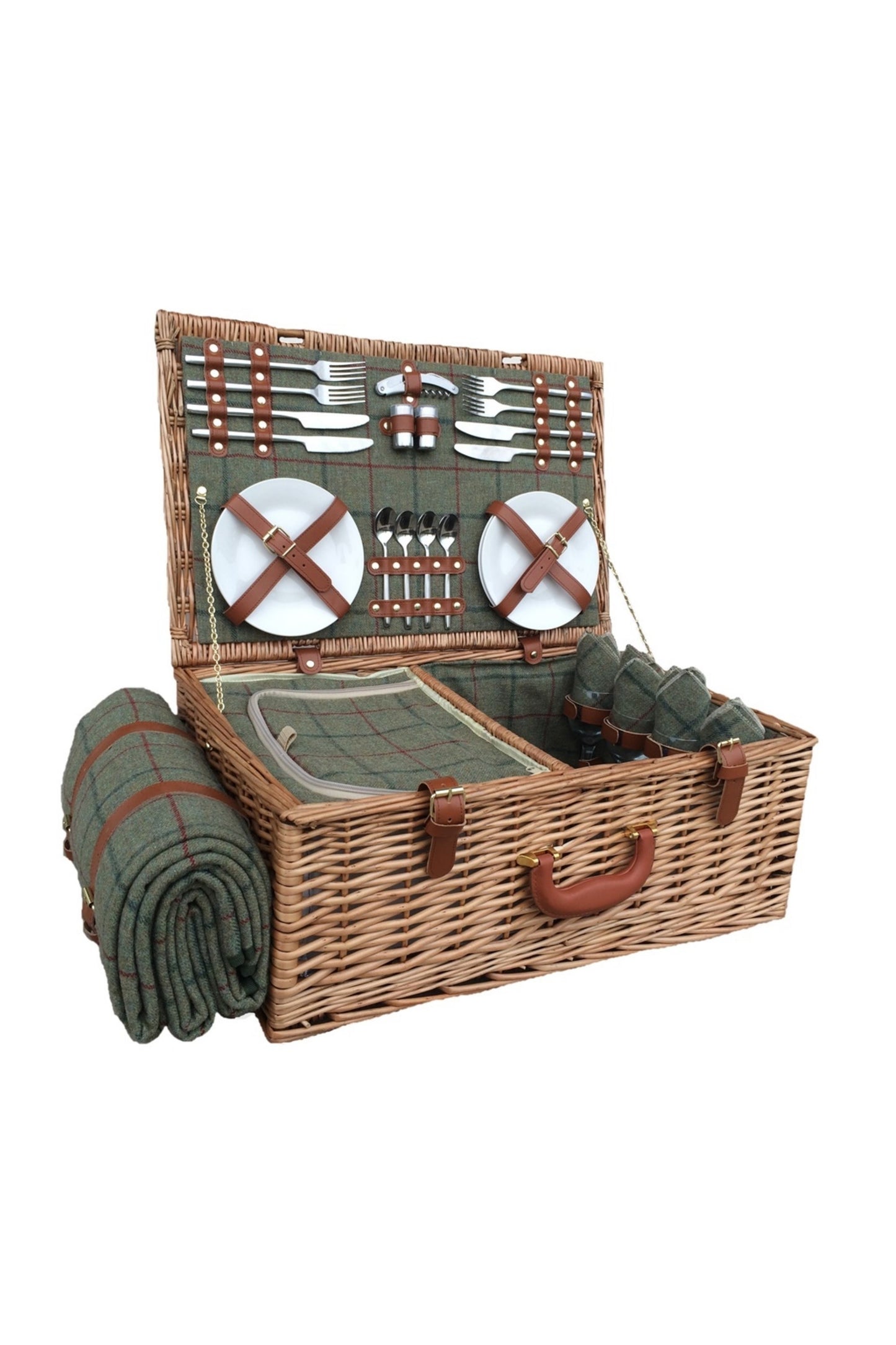 MC7666 Wicker 4 Person Green Tweed Picnic Basket