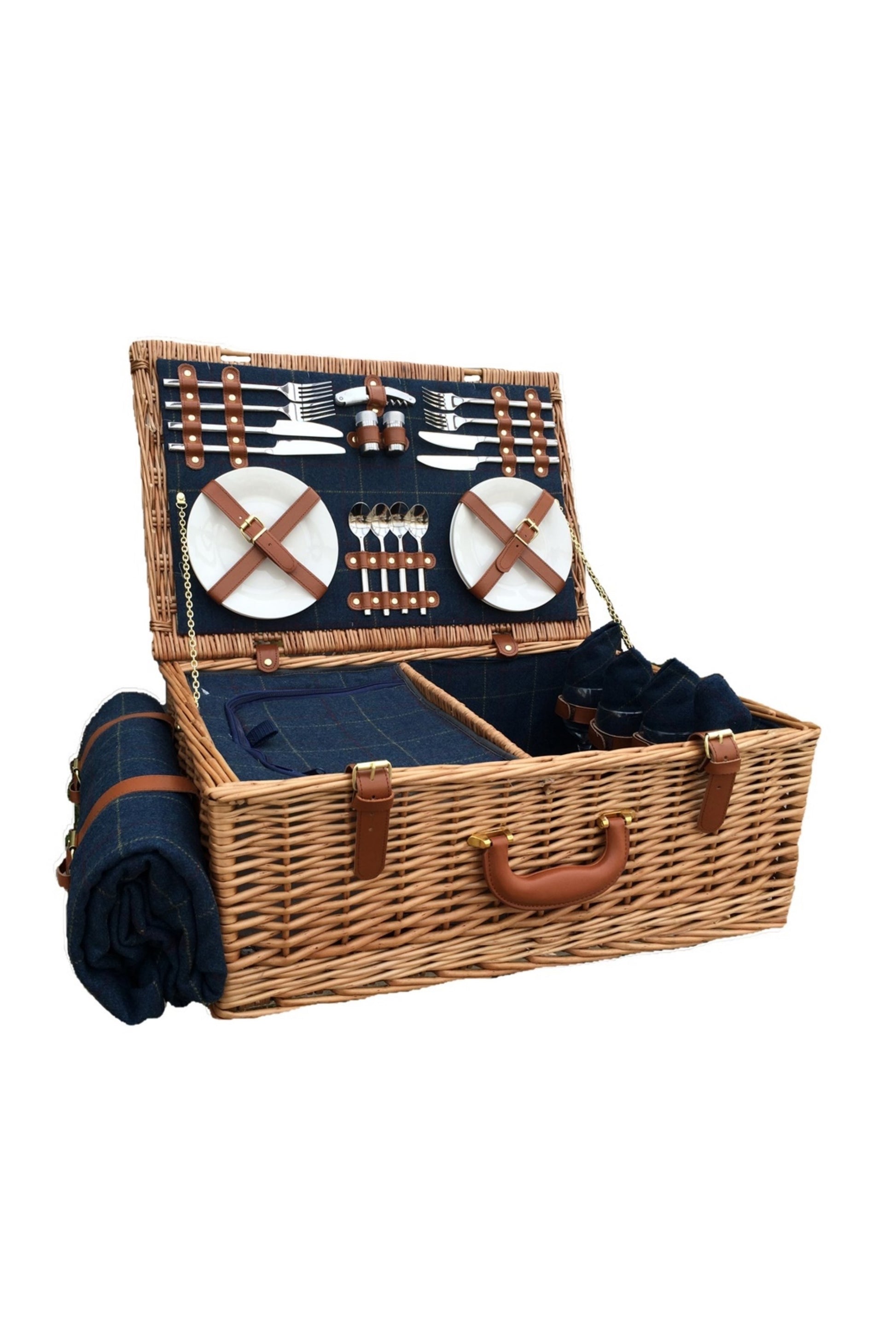  MCF7EE Wicker 4 Person Blue Tweed Picnic Basket