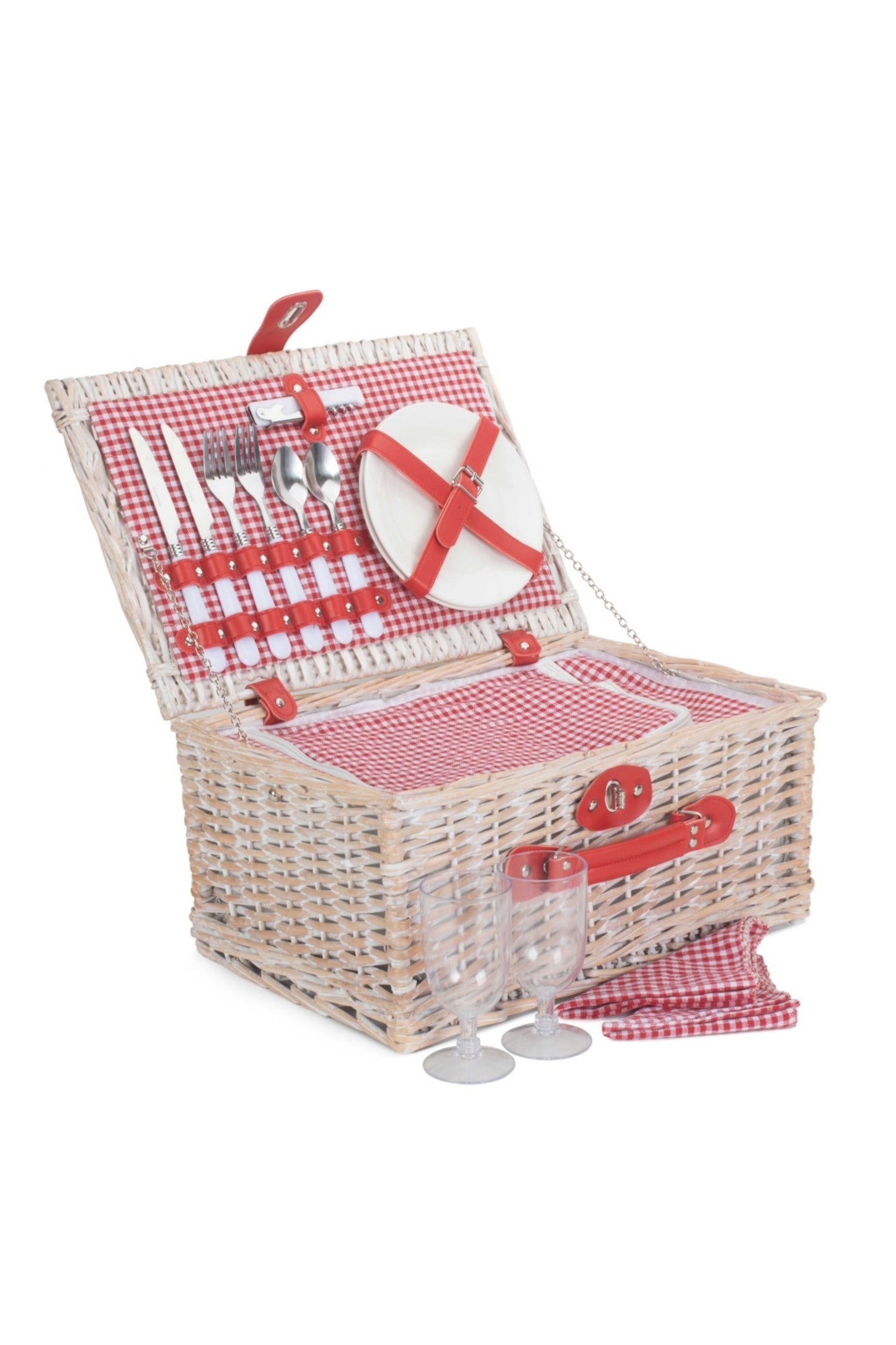  MD0F7E Red And White Gingham 2 Person Picnic Basket